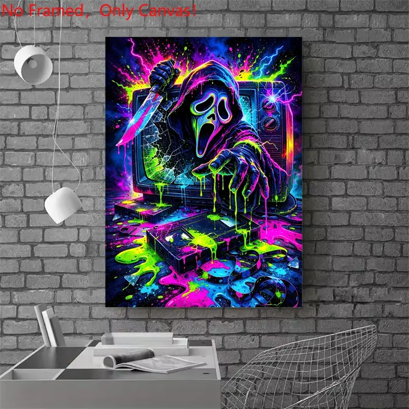 1 piece/set frameless canvas painting print poster, Modern wall art, Home wall art, Classic Movie scenes Poster, Scream Ghostface TV VHS Neon, a gift for movie lovers, ideal for bedroom, living room, wall & room decor, Aesthetic wall decor