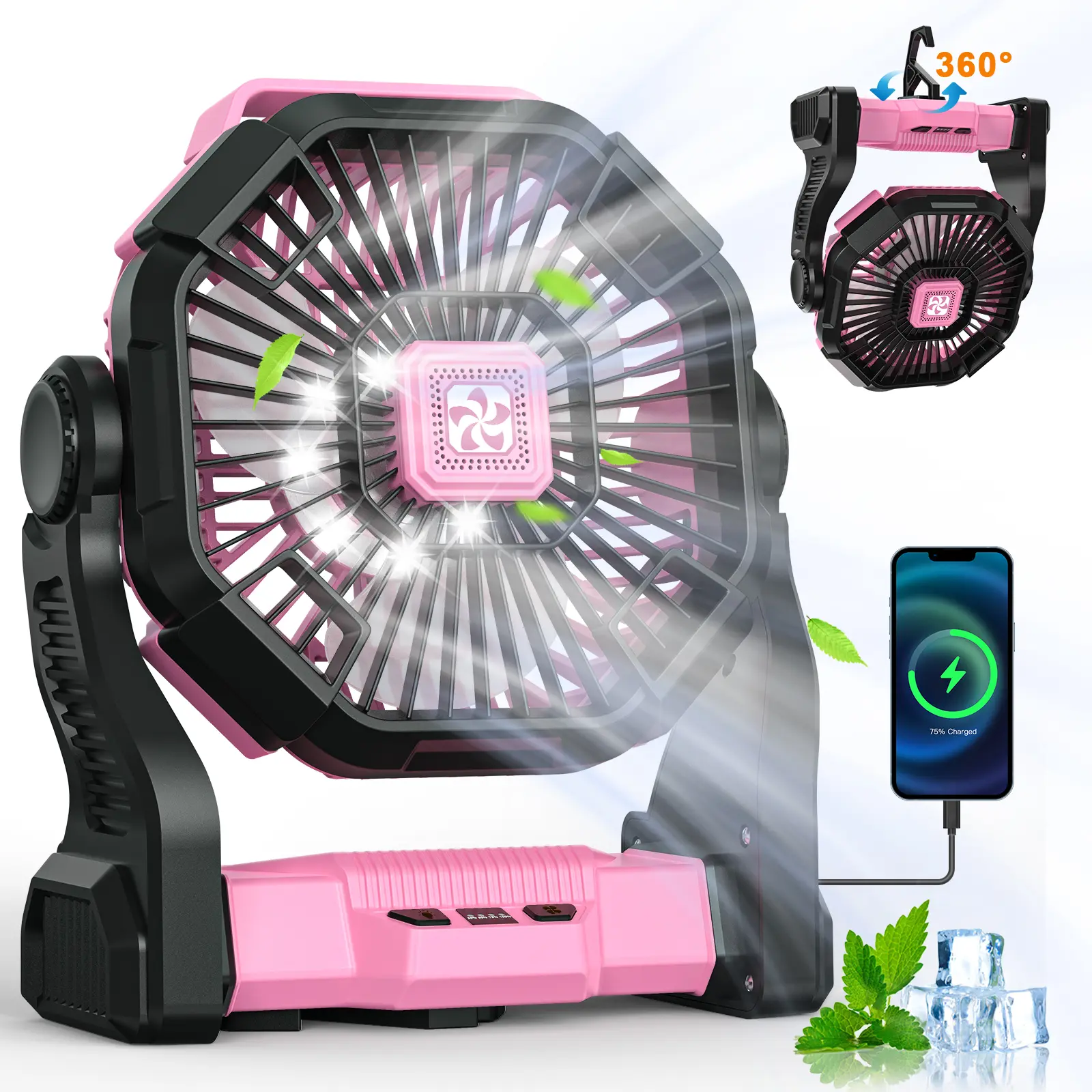 DOVILUXE 25400mAh 3-in-1 Rechargeable Personal Cooling Fan - LED Light, Portable Charger, Handheld Fan, 4-Speed Adjustable, 360° Rotating, 270° Swivel Head, Outdoor Gadgets, Father's Day Gift for Camping