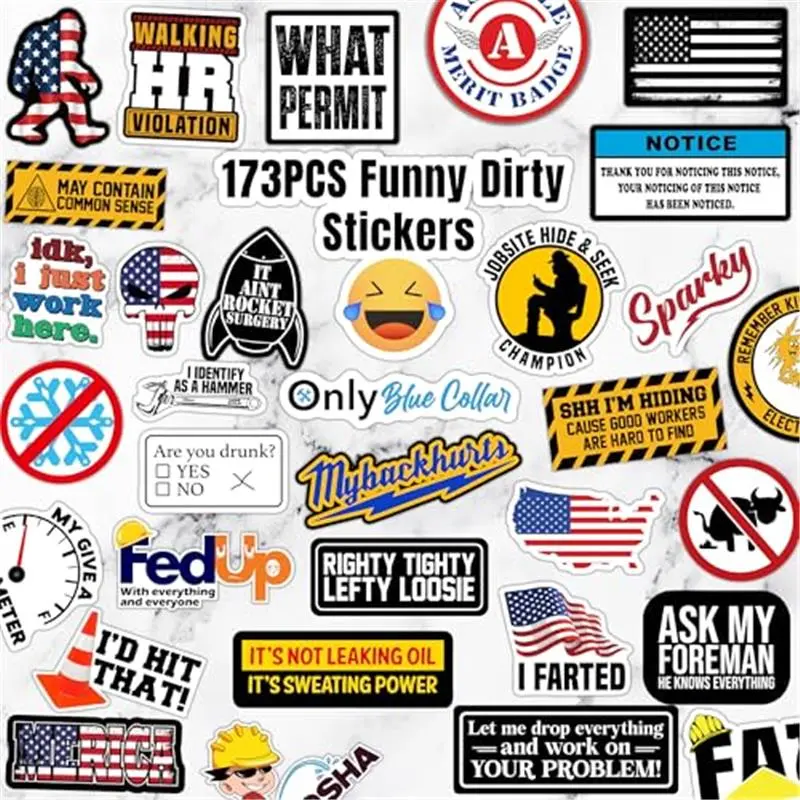 173 PCS Waterproof Vinyl Hard Hat Stickers for Adults - Funny English Blue Collar Stickers, Gifts for Boyfriends, Ideal for Hard Hats, Water Bottles, Laptops