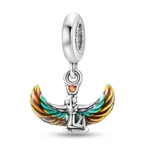 MULA Goddess of Life 925 Silver-Plated Pendant with Zirconia and Enamel Wings, Fits Pandora Bracelets & Necklaces, Ideal Women's Celestial Jewelry Gift