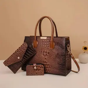 3Pcs Set Crocodile Print Tote Bag Large Capacity Women's Fashion Handbag Shoulder Bag and Purse Elegant Leather Minimalist Design