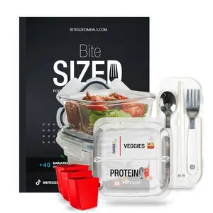 BariBowl Meal Prep Set (3-Pack) + BiteSized Bariatric Cookbook with bite-sized utensils, Branded Lunch Box and silicone condiment cups for portion control and bariatric weight loss. Containers Lunch Boxes Glass Dish Tableware
