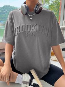 women's 3d letter print drop shoulder short sleeve tee, casual fashion round neck t-shirt for summer, women's top for daily wear, t shirts for women, oversized tshirt, graphic tees