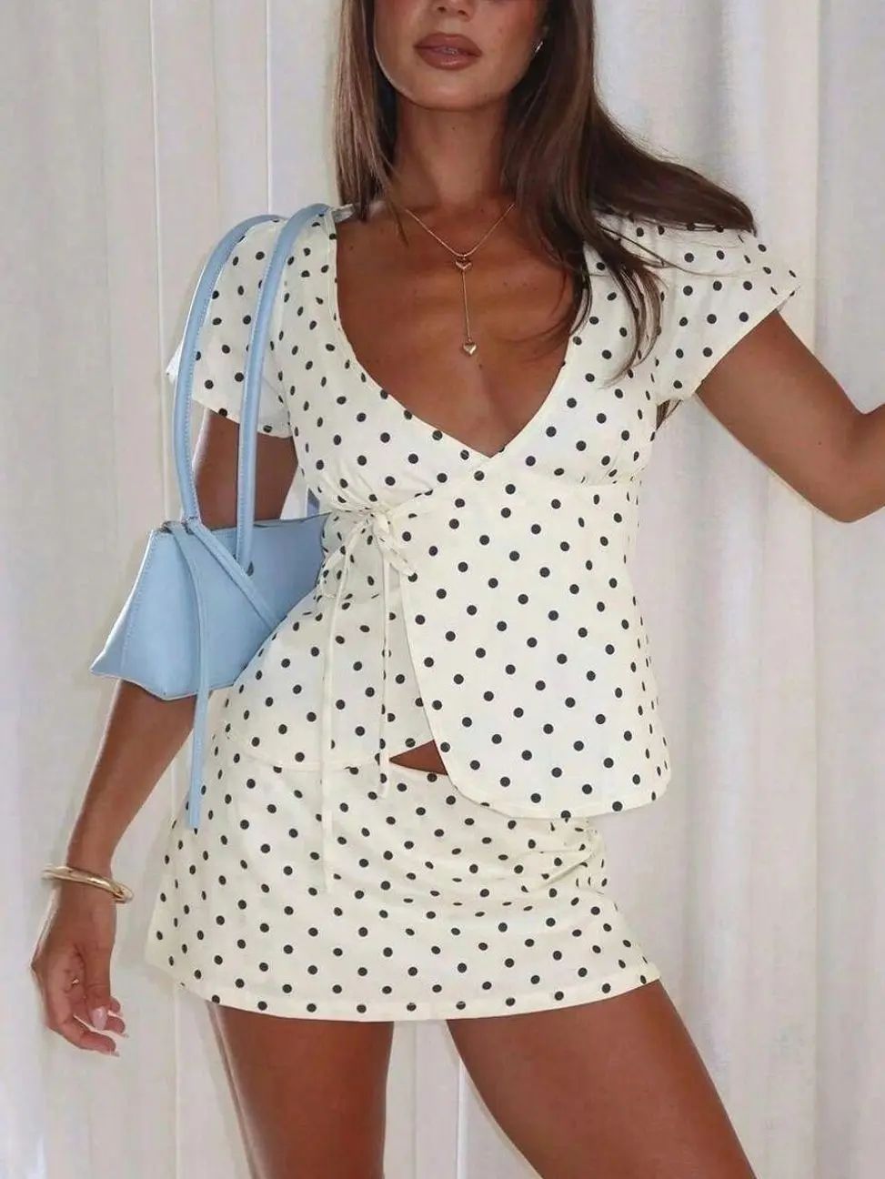 Women's Polka Dot 2 Piece Skirt Set, Deep V Neck Short Sleeve Top & Mini Skirt Matching Outfit, Summer Vacation, Beach, Brunch, Date Night, Casual Party Outfit