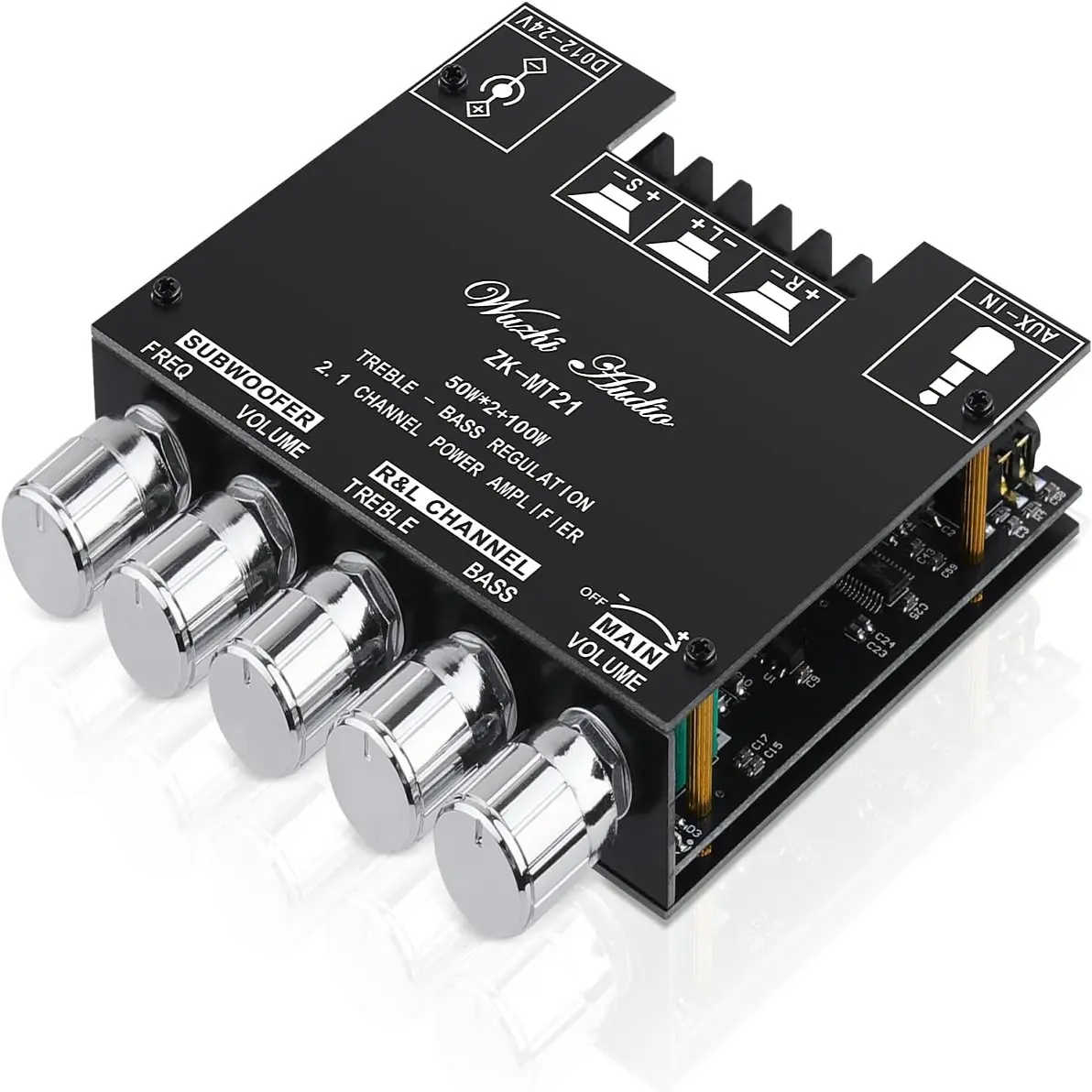 ZK-MT21 Bluetooth 5.0 HiFi Digital Preamp Audio Amplifier Board, 2.1 Channel 50Wx2+100W Mini Subwoofer Power Amp Module, 20-100W 4-8 Ohm, DC 12-24V, BT/AUX Input for Home Speakers