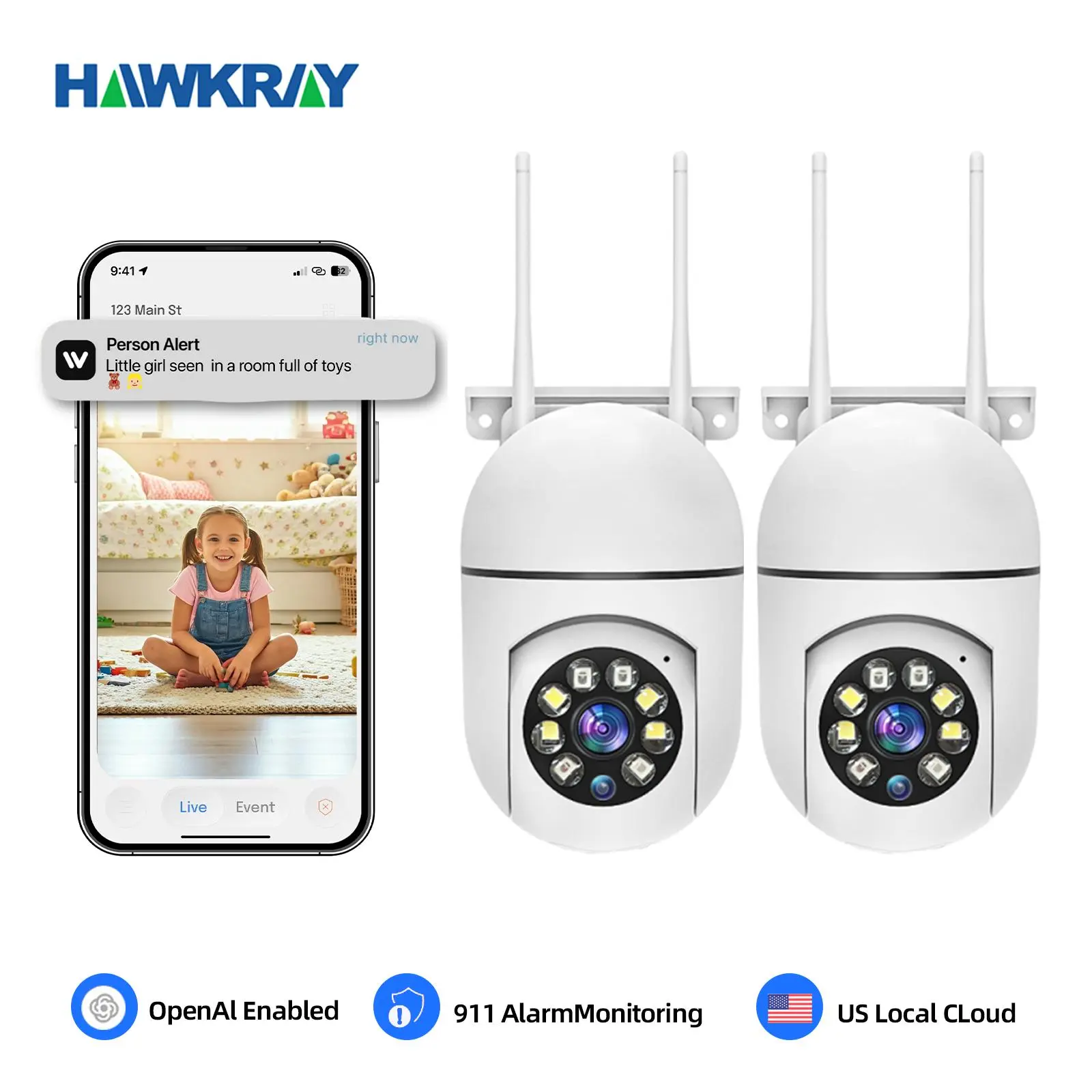 [(2PC)2.4G/5GWiFi Security Camera 】Hawkray 4MP Smart AI Light Bulb Camera with Pet Monitoring 911 Alarm Full Color Night Vision AI Pet Recognition Two-Way Audio 5G/2.4G Dual-WiFi US Local Cloud