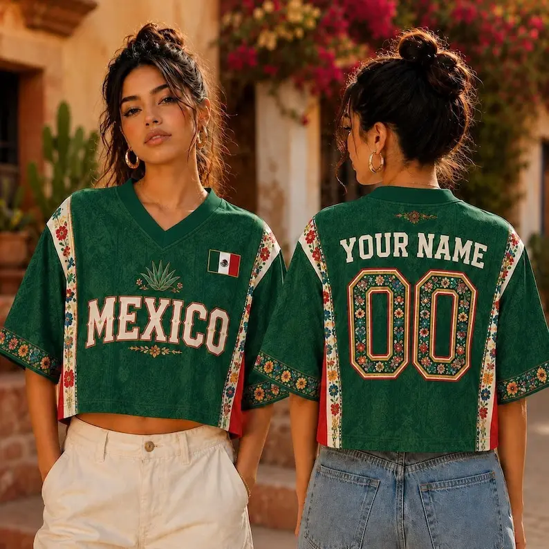 Custom Mexico Inspired All-Over Print Football Jersey Croptop Mesh, Personalized Mexico Futbol Casual Jersey with Name Number, V-neckline Short Sleeve Crop Top
