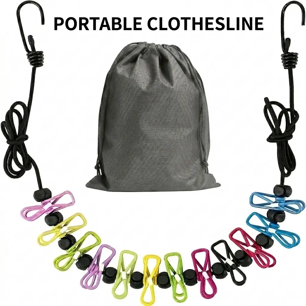 Compact Portable Retractable Clothesline with 12 Clips - Home Laundry Drying Accessory for Travel, Indoor/Outdoor Laundry Needs, Accessories