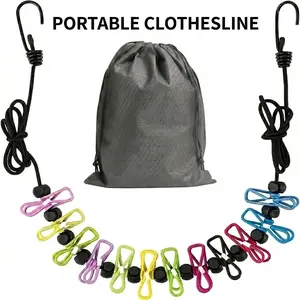 Portable Retractable Clothesline with 12 Clips, Home Laundry Drying Accessory for Travel, Camping, Beach, RV Use