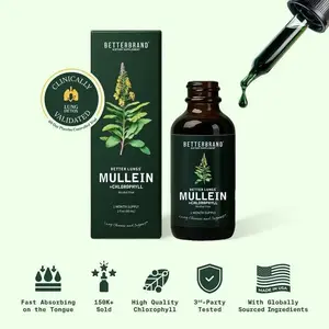 Betterbrand Mullein Leaf & Chlorophyll Drops, Clinically Studied Natural Liquid Herbal Healthcare Supplement for Lung Detox & Mucus Cleanse (30 Servings)