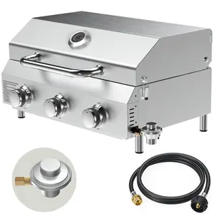 BESTFIRE 30,000 BTU 3-Burner Portable Propane Grill – Stainless Steel Tabletop Gas Grill with Heavy Duty Thickened Grates, Detachable Legs & Space-Saving Design, Perfect for Camping, RV, Tailgating & Backyard Use