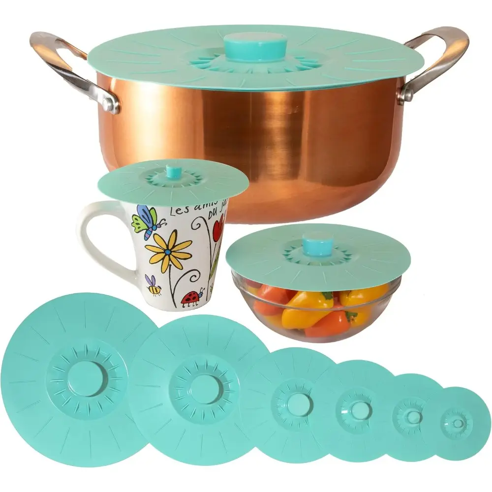 Set of 6 Round Handy Extra Large Teal Kitchen Silicone Suction Seal Lids - Sturdy, Flexible, Food-Safe Covers with Natural Grip Handles for 5-12in Pots, Fry Pans, Food Storage Containers, Microwave-Safe, Phthalate-Free, Stainless Utensils Compatible, Smoo