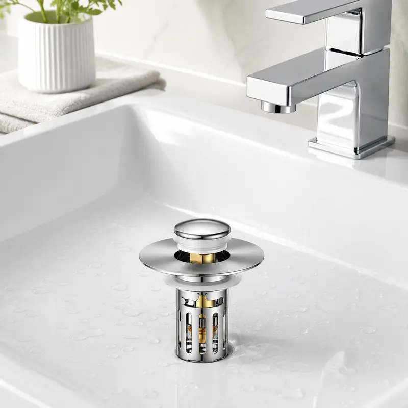 2-in-1 Sink Stopper: Bathroom Essential with Pop-Up Mechanism, Removable Stainless Filter – Fights Clogs, Stops Odors, Fits All Sinks!