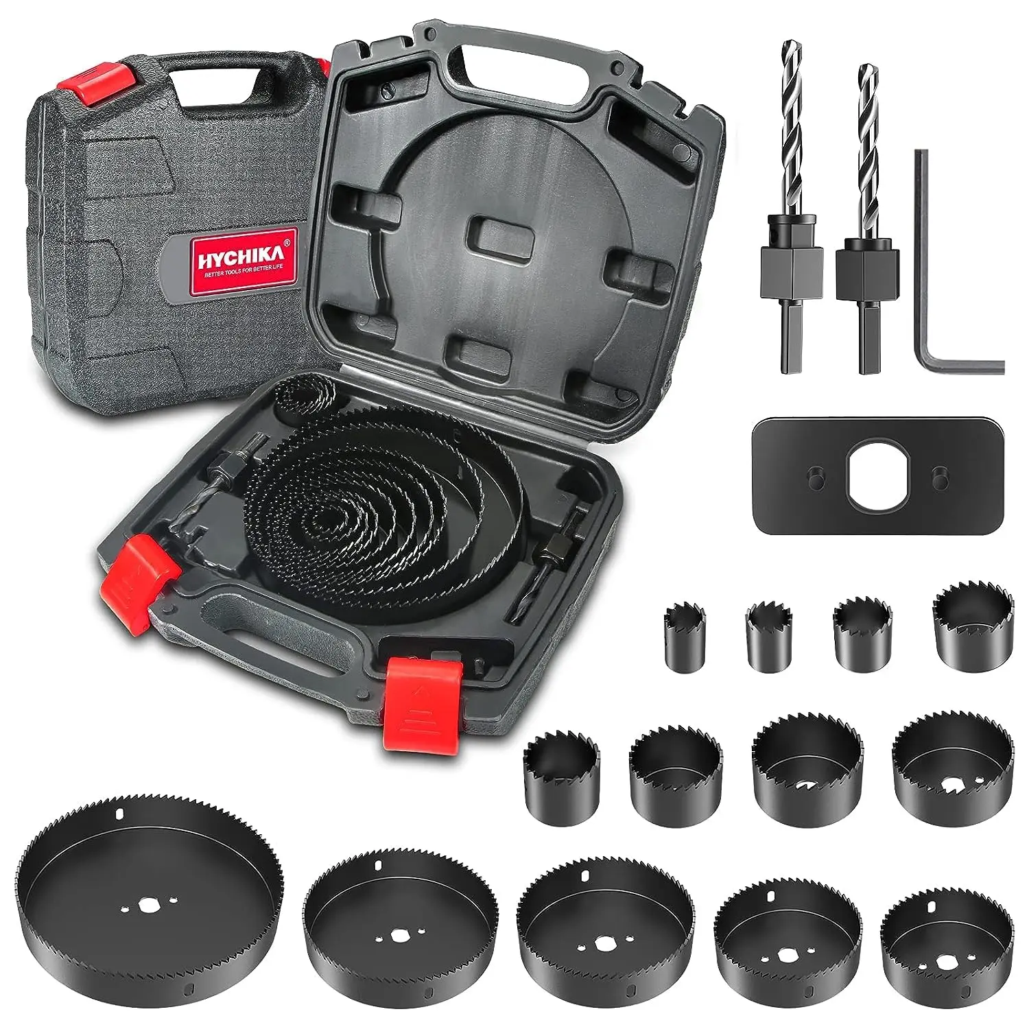 Hole Saw Set, 19 Counts, with 3/4"-6"(19-152mm) 13Pcs Saw Blades, 2 Mandrels, 2 Drill Bits, Ideal for Soft Wood, Plywood, Drywall, PVC Power Tools Grinders Hardware Industrial Metal Cutting