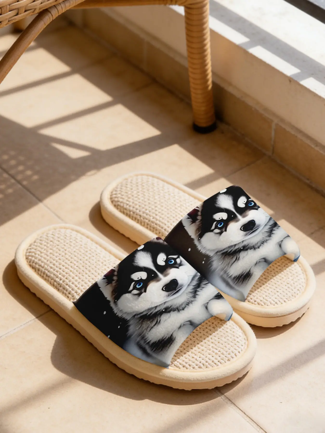 Unisex Cartoon Husky Slippers, Breathable Linen Home Shoes, Soft Eva Sole, Non-Slip Quiet Design, All-Season Comfort