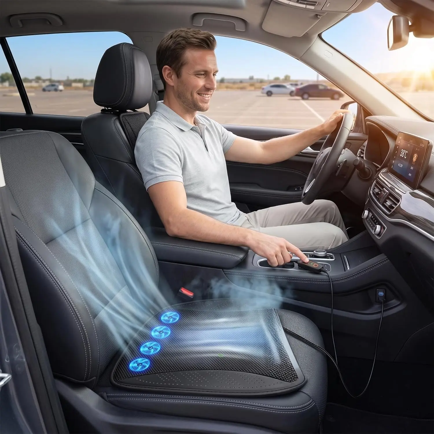 Cooling Car Seat 1 Pack with 5 High Speed Fans, 3 Adjustable Speeds Ice Silk Breathable Cushion for Vehicles Cooling Car Seat Cushion, Cooler with Fans, 5 High Speed Adjustable Pad
