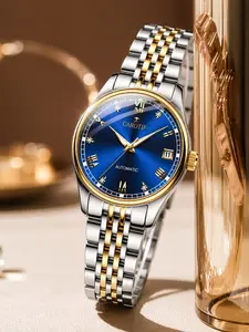 Women's Gold Tone Blue Dial Automatic Mechanical Watch, Roman Numerals, Diamond Accents, Business Casual, Unisex Design