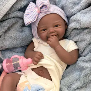 Reborn Doll Soft Silicone 18 inches Lifelike with Happy Smile Brown Skin Soft Body Realistic Details Includes Comfort Item Bottle Birth Certificate Perfect for Birthday Gifts Collectors and Children