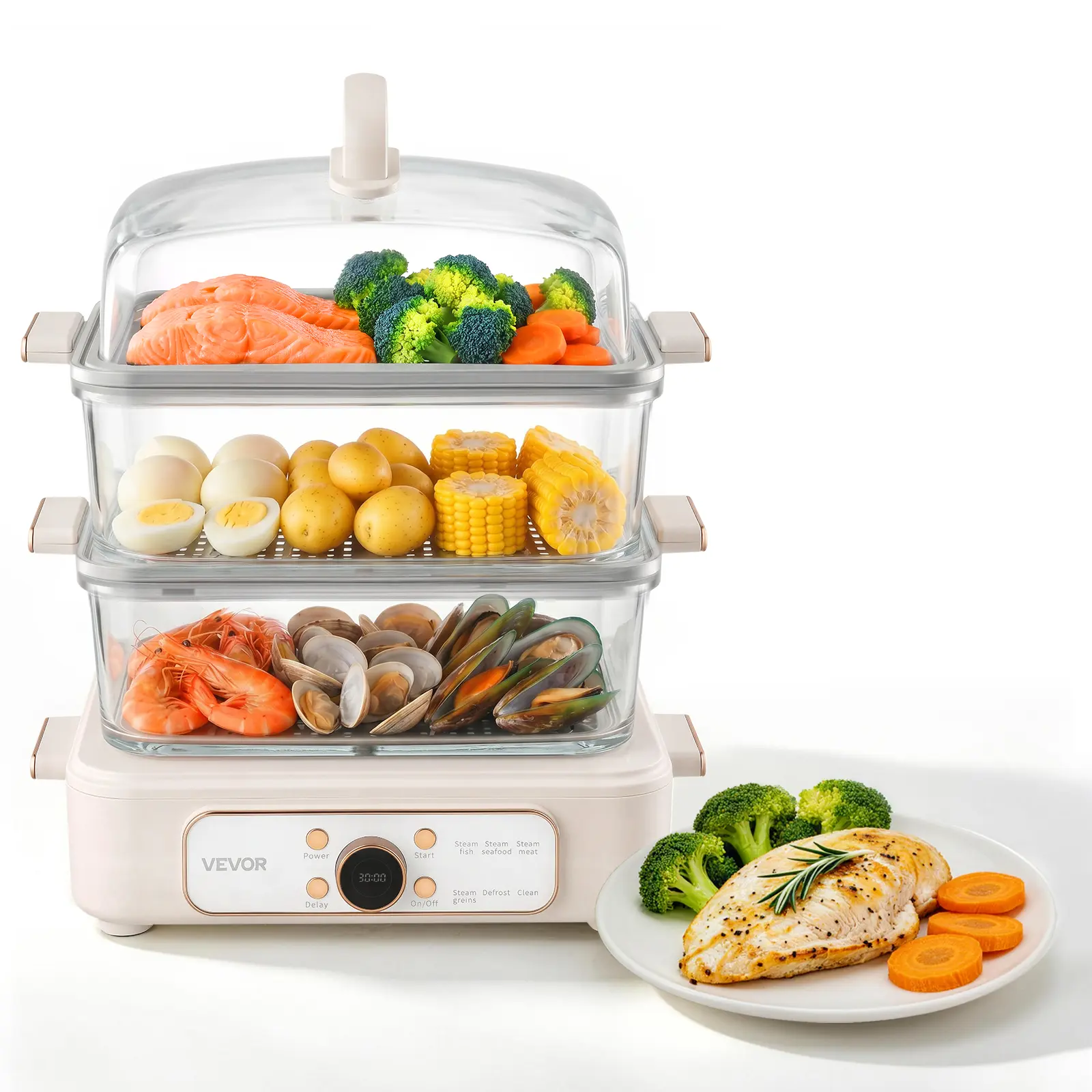 【summerfinds】VEVOR Electric Food Steamer 10.6 QT Glass with 3-Tier Stainless Steel Trays, 1200W Vegetable Steamer for Cooking, 2-4 Servings, Pre-Programmed Settings, Delay Start, for Veggies, Seafood & Rice, White