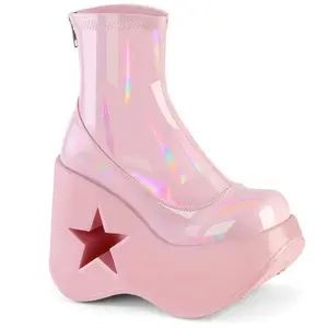 Demonia Dynamite-100 Baby Pink Stretch Holo Ankle Boots