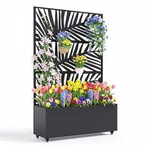 Galvanized Metal Planter Box with Trellis, 47"X16"X71" Raised Garden Bed (with Wheels), Privacy Screen for Climbing Plants, Veggies & Vines, Patio Planter with Drainage Holes, 16" Deep,Palm leaf pattern