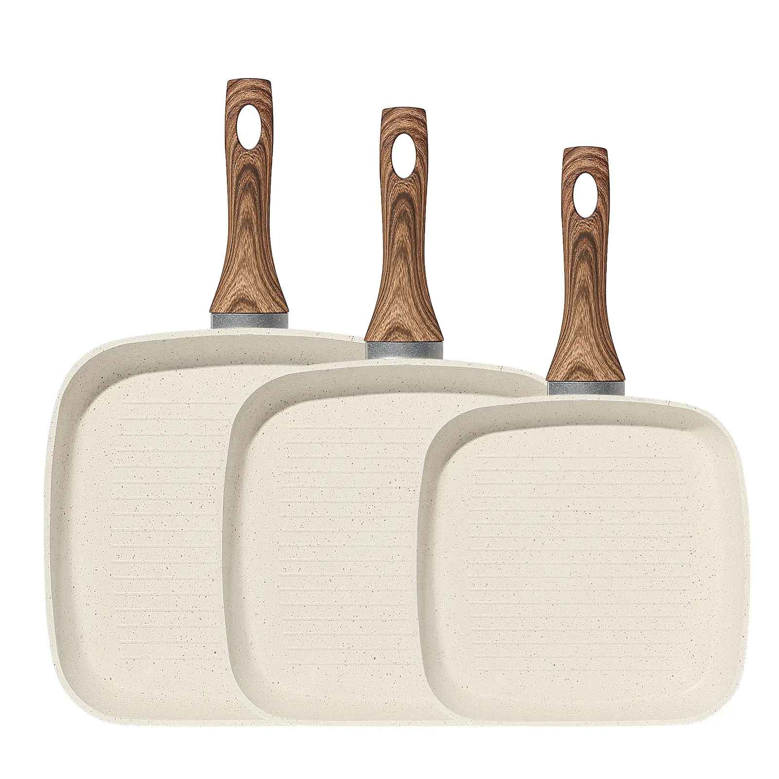 3-Piece Grill Pan Set, Square Nonstick Skillets 9.5"/10"/11" with Removable Handle, PFOA-Free Aluminum Griddle Pan for Indoor Outdoor Cooking, Compatible with All Stovetops