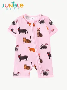 Jungle Baby Cotton Fiber Baby Zipper Short-Sleeved Shirt with Cat Print Double Zippers Reversible Foot Cover Soft Breathable Fabric All-in-One Crawling Suit