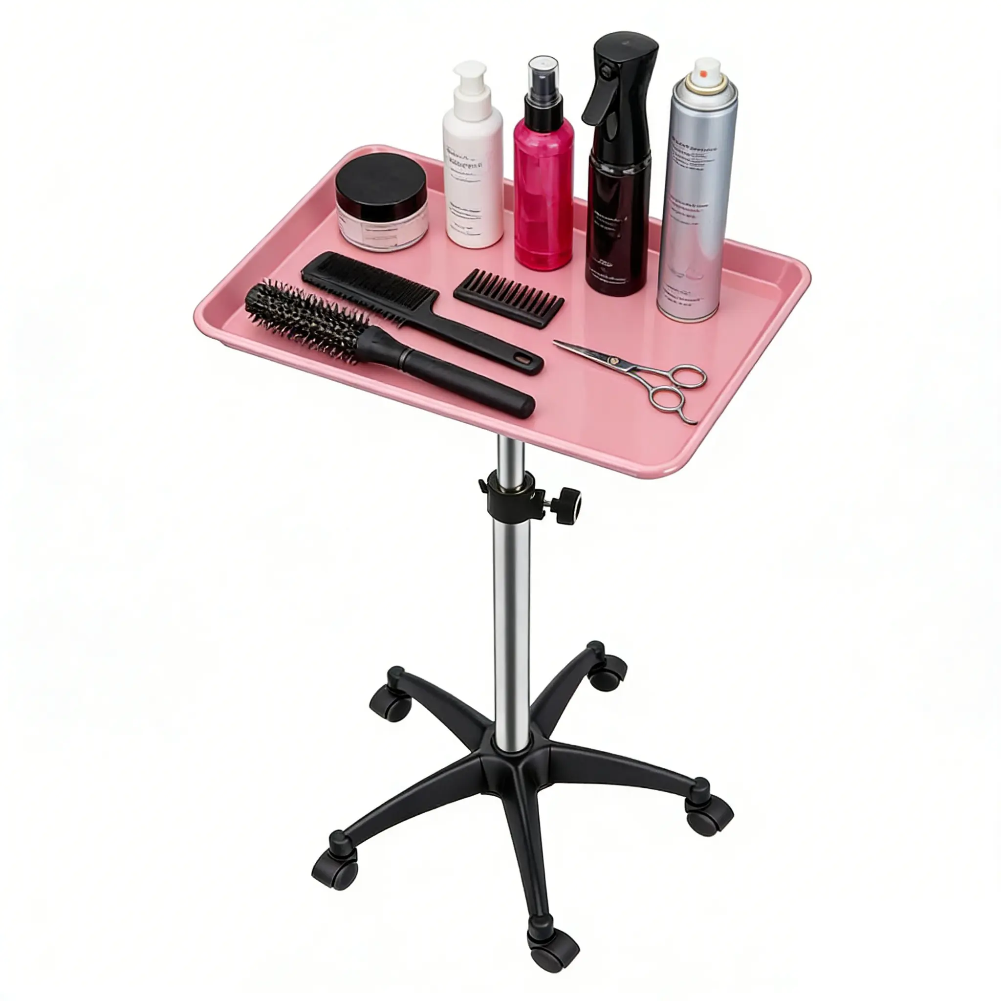 Pink Salon Rolling Tray Cart - 360° Rotatable 3-in-1 Adjustable Height Beauty Salon Equipment, Hair Color Service Tray for Spa, Tattoo Use