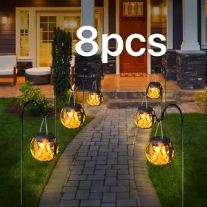 8 Piece Solar Vintage Flame Lanterns, Realistic LED Flicker Effect, Easy Hanging/stake Installation, Outdoor Garden Patio Decor