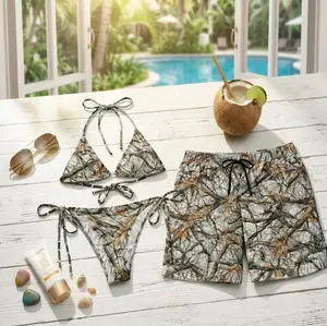 Matching Couple Swimwear Set 2026, Realtree Camo Bikini Set & Men Hawaiian Beach Shorts for Summer Vacation