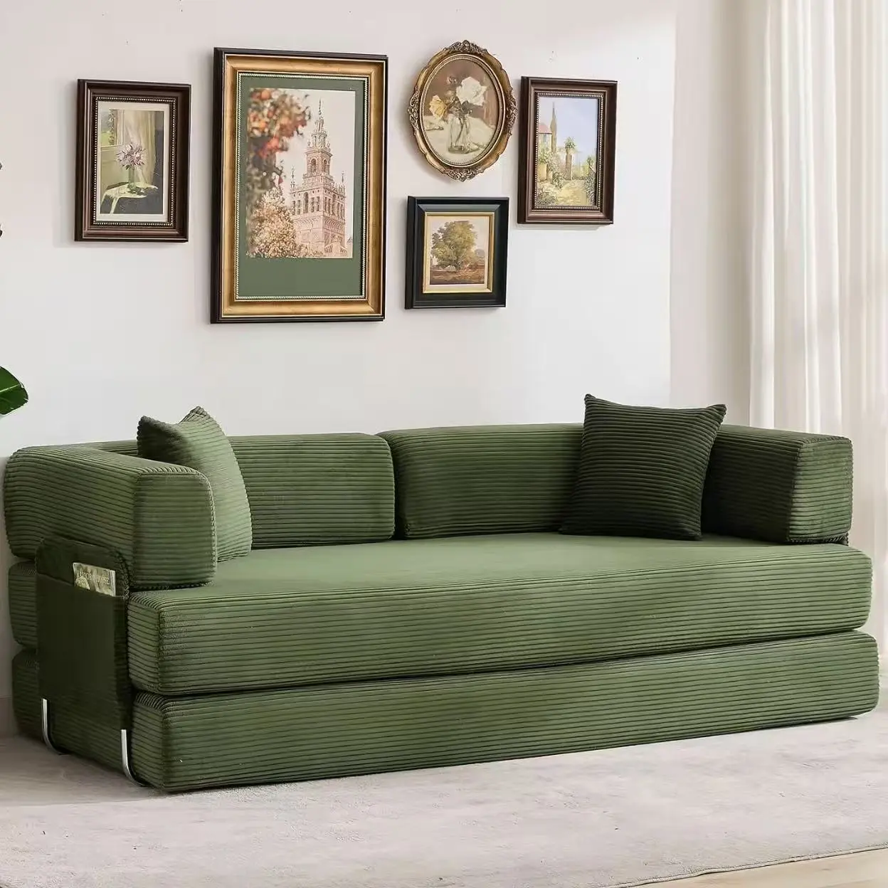 78.8in Corduroy Modular Sofa Bed, 5-in-1 Convertible Pull-Out Sleeper Futon Couch, Multi-Functional Indoor Furniture for Small Spaces Apartment Living Room