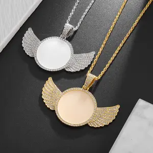 Hip-hop commemorative round wing photo frame pendant trendy creative personality necklace platinum chain