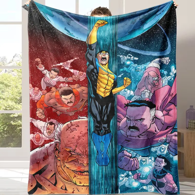 Invincible & Omni-Man Space Battle Ultra-Soft Fleece Throw Blanket - Comic Art Print, Pride-Infused, All Season Use, Contemporary Look, Cozy Textile, Ideal for Superhero Fans, Perfect for Birthday or Holiday Gifts, Other Patterns Available