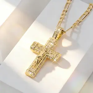 14K Gold Plated Crucifix Cross Pendant Necklace with Cubic Zirconia, Figaro Chain, Religious Jewelry for Men and Women