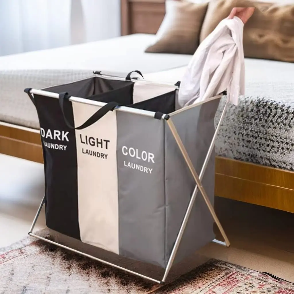 3-Section Collapsible Laundry Basket Organizer - Waterproof Oxford Bag, Sturdy Aluminum Frame, Dark-Light Color Print, Clothes Baskets for Home Indoor Furniture Use