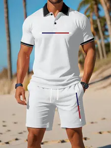 Men’s summer cotton Paris letter-print short-sleeve polo two-piece set — casual athletic style for vacations, camping, and outdoor activities; includes a pocketed top and elastic drawstring pants; great gift for boyfriend or husband Shortsleeve Menswear