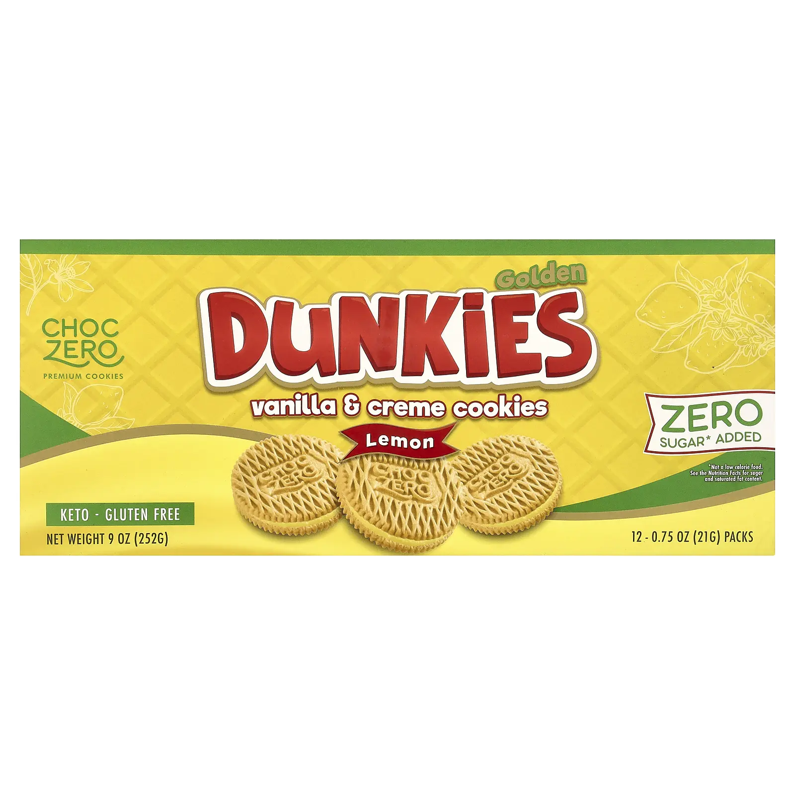 ChocZero Premium Cookies, Golden Dunkies, Vanilla & Creme Cookies, Lemon, 12 Packs, 0.75 oz (21 g) Each