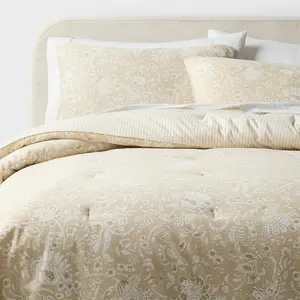 Full/Queen Floral Paisley Casual Textured Cotton Reversible Comforter and Shams Set Natural - Threshold