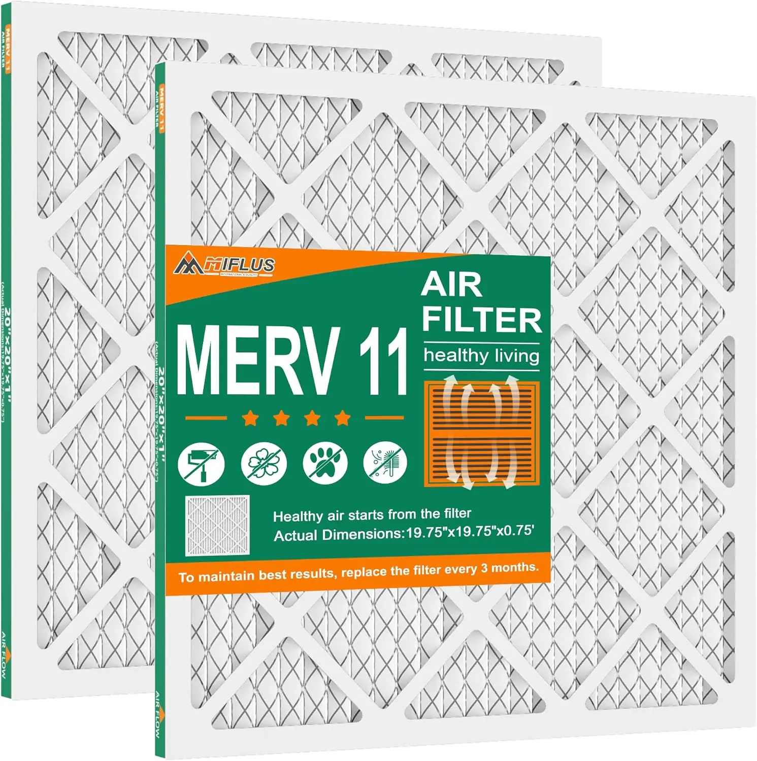 MIFLUS Household Furnace Air Filter, 2-Pack 20x20x1 in MERV 11, Low Airflow Resistance, Prevents Energy Waste, Extends HVAC Lifespan, Hassle-Free Setup