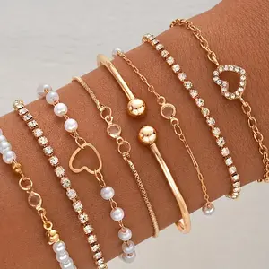 [Multi-piece Heart Bangle Fashionable] 8pcs/set Elegant Bracelets, Love Heart Open Bangle Multi-piece Set for Women Daily Going Out Party Wear Stacking Fashionable-DS54G