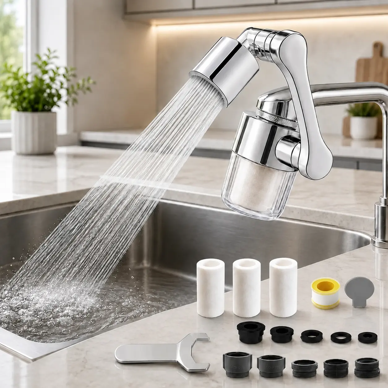 Stainless Steel Rotating Faucet Extender with Replaceable Particle Filter, Multi-Joint 3D Swivel Aerator, Dual Mode Water Spray, Adjustable Sink Attachment for Home Use Kitchen & Bathroom Sinks (Single Unit)