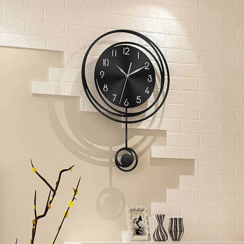 Modern Minimalist Round Hollow Out Pendulum Battery Operated Wall Clock, Silent Timepiece No Ticking Sound, Arabic Numerals Decorative Living Room Home Goods Clock for Home Office Gift