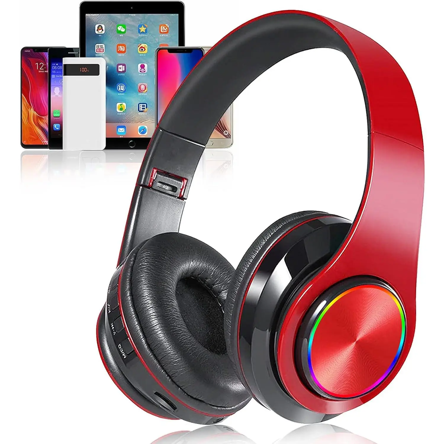 Over Ear Bluetooth Headphones, Foldable LED Stereo Headphones with Built-in Microphone, Noise-Cancelling Wireless Headset for PC/Smart Phone/TV (red)