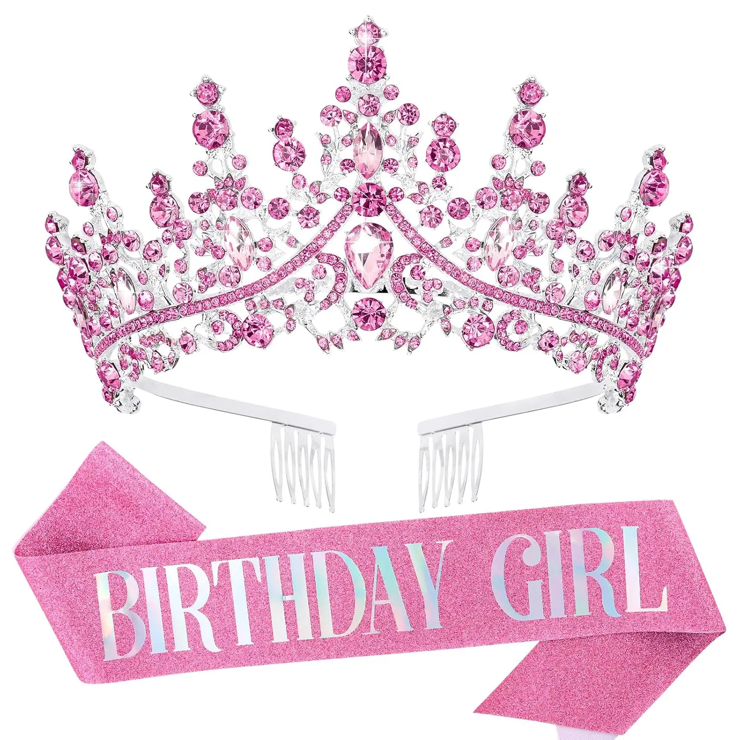2 PCS Pink Birthday Party Crown & Sash Set - Women'S Glitter Tiara & Waist Belt with Sparkling Crystals, Elegant Headpiece for Birthday Celebrations, Banquets, and Festive Events,Celebration Headwear, Sparkling Headpiece Birthday Headpiece