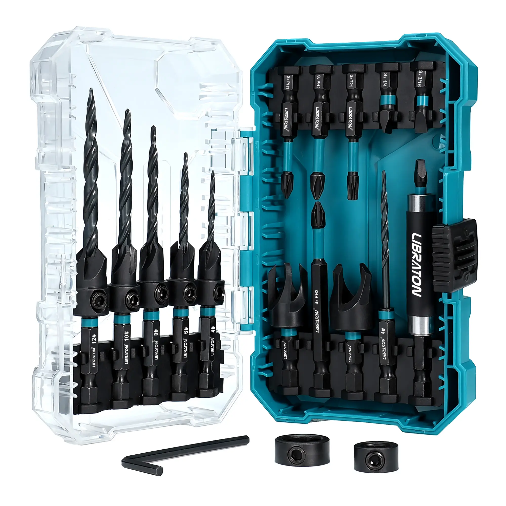 Libraton Countersink Drill Bit Set, 19 Pcs Tapered Drill Bits for Woodworking, Counter Sink Drill Bit Wood Plug Cutter Extendable Bit Holder 1/4" Hex Shank Screwdriver Bits with Storage Case outdoorfun Power Tool Wrench