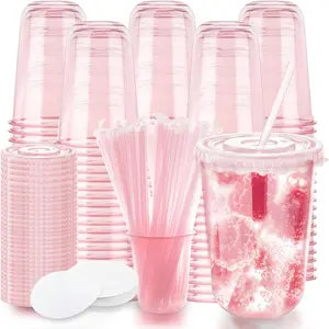 16oz Disposable Stemless Glasses with Flat Lids and Straws,PET Disposable Drinking Cups,Clear Plastic Wine Glasses for Parties Birthday,Wedding,Meeting,Christmas Party Supplies. (100, Pink)