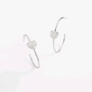 Rhodium Plated Pave Heart Hoop Earrings - Elegant Modern Design with Subtle Sparkle for Everyday Wear or Special Occasions