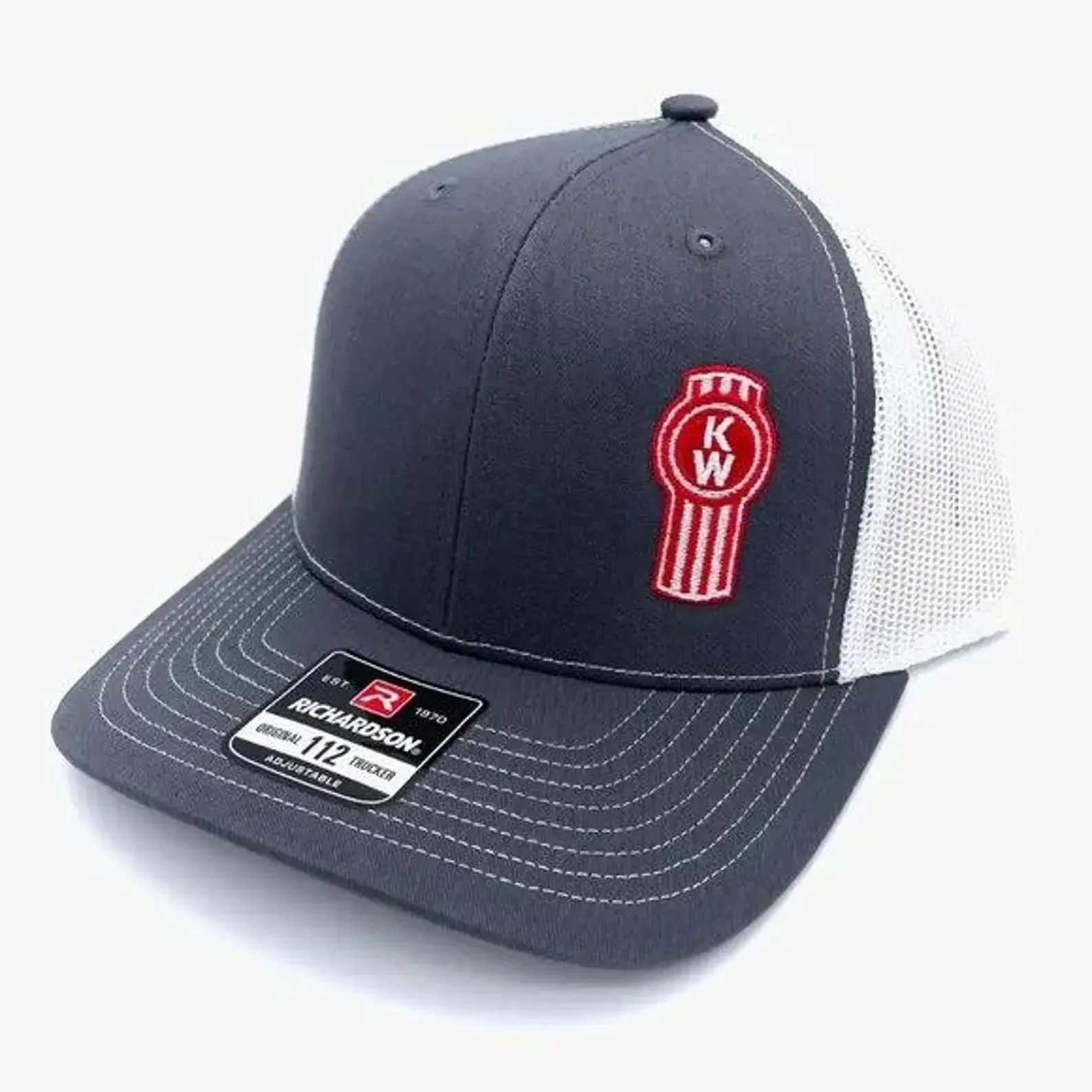 Kenworth Richardson 112 Trucker Hat | Charcoal White Mesh Snapback Cap | Embroidered Patch Hat | Adjustable Trucker Hat for Men