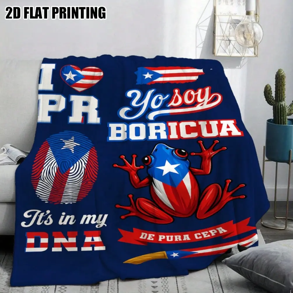 Puerto Rico & Coquí Design Flannel Blanket - Soft Warm All-Season Bedding with Yo Soy Boricua Lettering, Washable Art Graphic Blanket for Home Use, Cultural Decor Gift for Family & Friends, All Season Blankets, Art Graphic Blankets