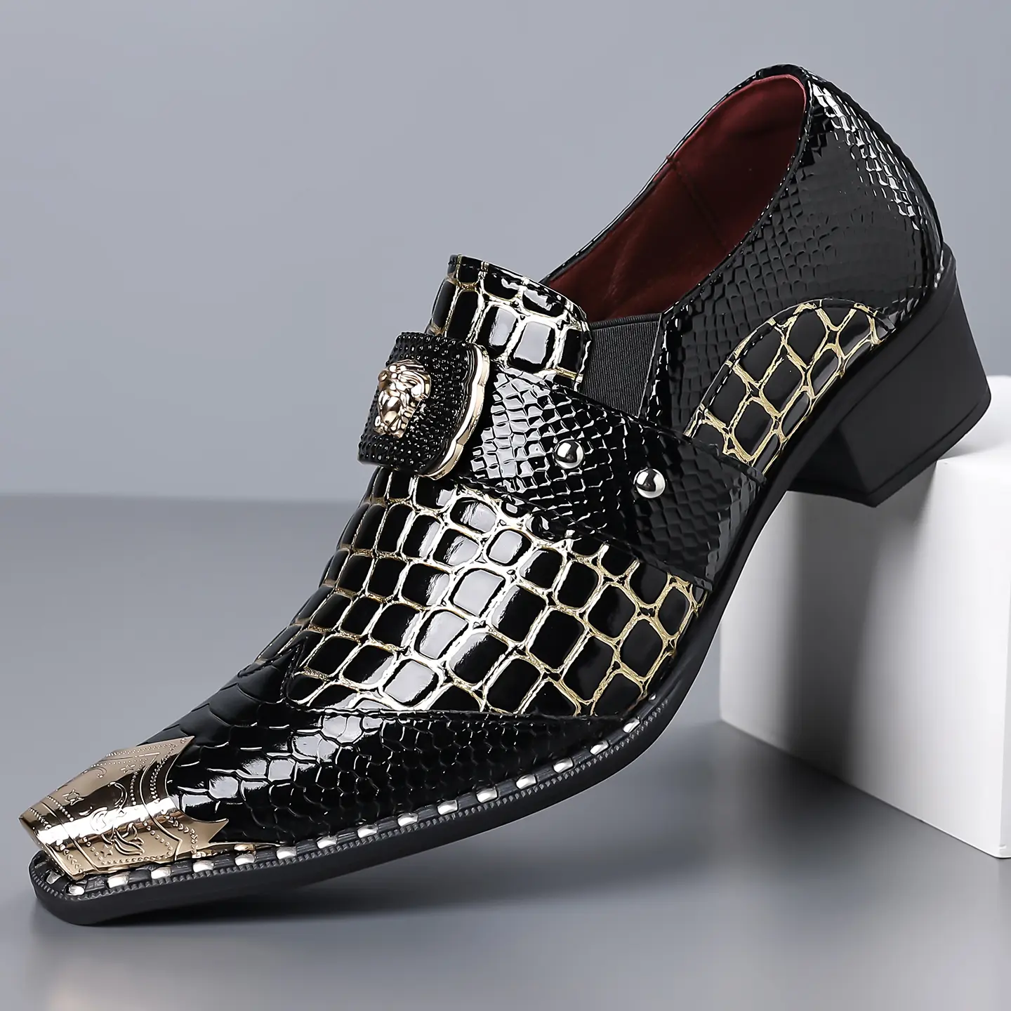 Men's Luxury Formal Slip-On Loafers - Square Toe, Crocodile Embossed Patent Leather, PU Upper, Rubber Sole, All-Season Business & Casual Shoes, Cowboy Black